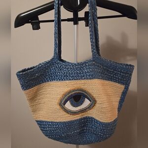 Ojo Blue and Tan Woven Tote Bag with Beaded Eye Design